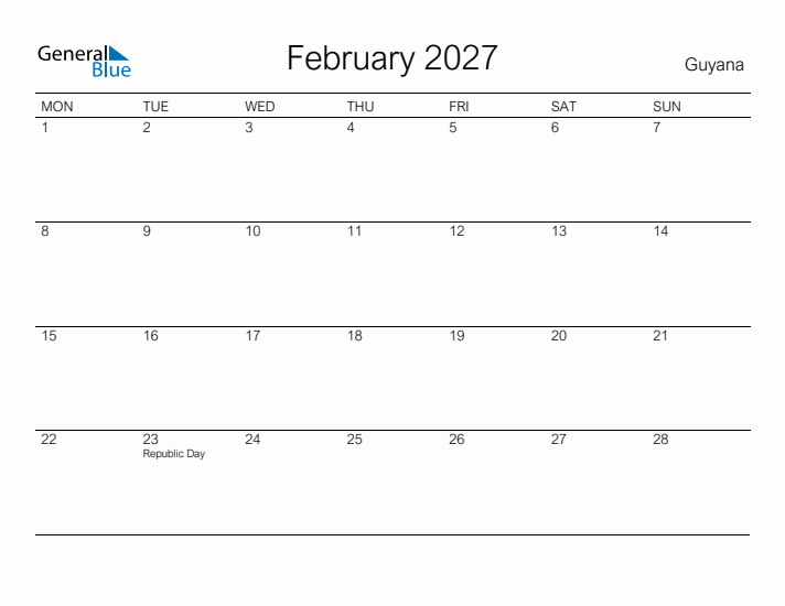 Printable February 2027 Calendar for Guyana