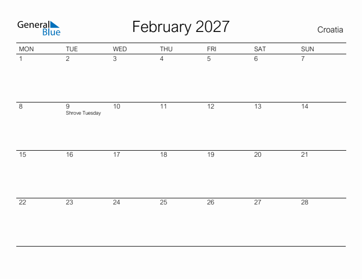 Printable February 2027 Calendar for Croatia