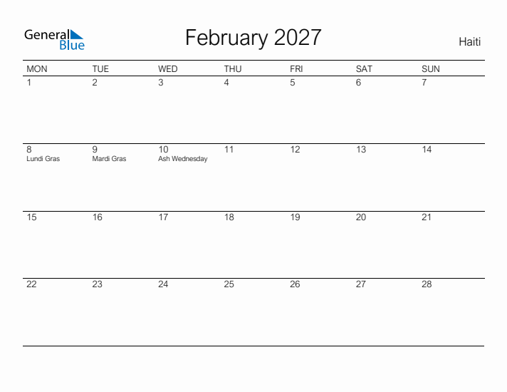 Printable February 2027 Calendar for Haiti