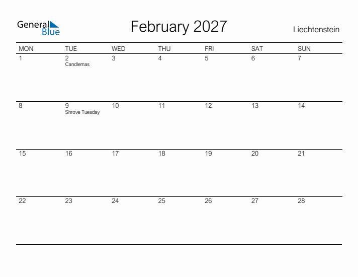 Printable February 2027 Calendar for Liechtenstein
