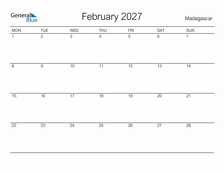 Printable February 2027 Calendar for Madagascar