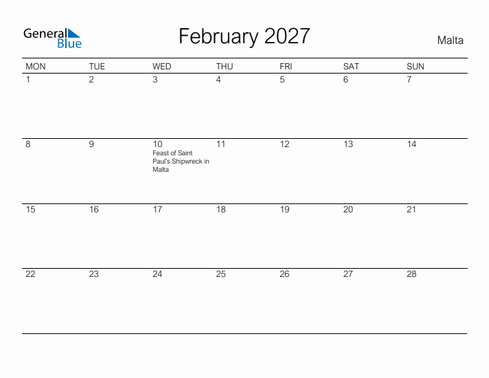 Printable February 2027 Calendar for Malta