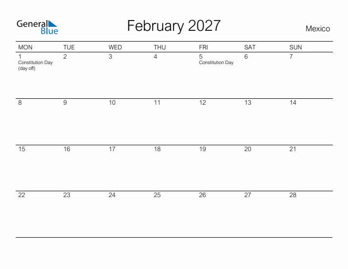 Printable February 2027 Calendar for Mexico