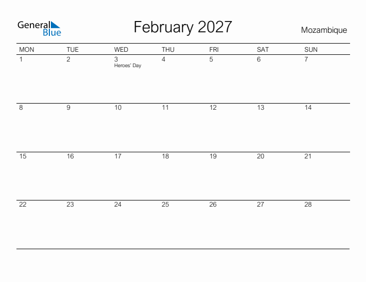 Printable February 2027 Calendar for Mozambique