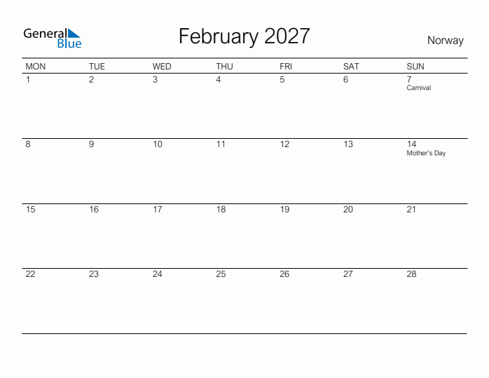 Printable February 2027 Calendar for Norway
