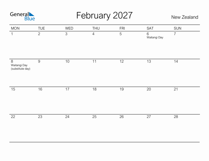 Printable February 2027 Calendar for New Zealand