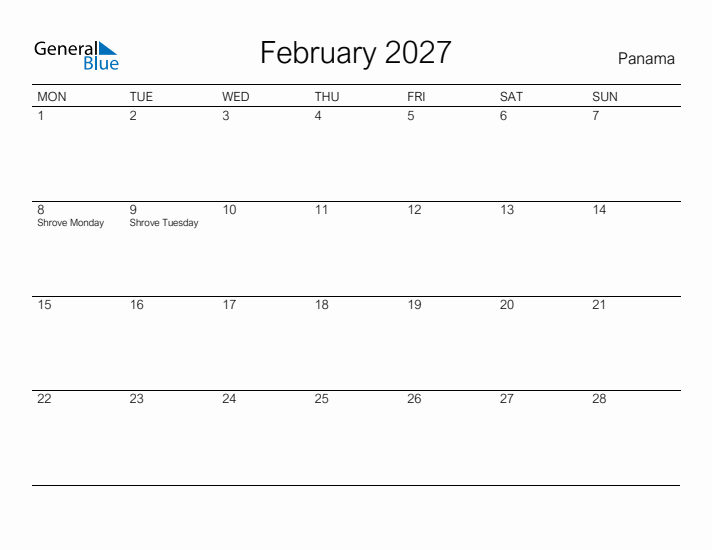 Printable February 2027 Calendar for Panama