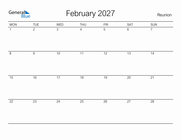 Printable February 2027 Calendar for Reunion