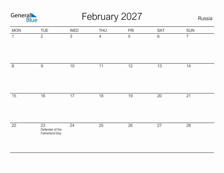 Printable February 2027 Calendar for Russia