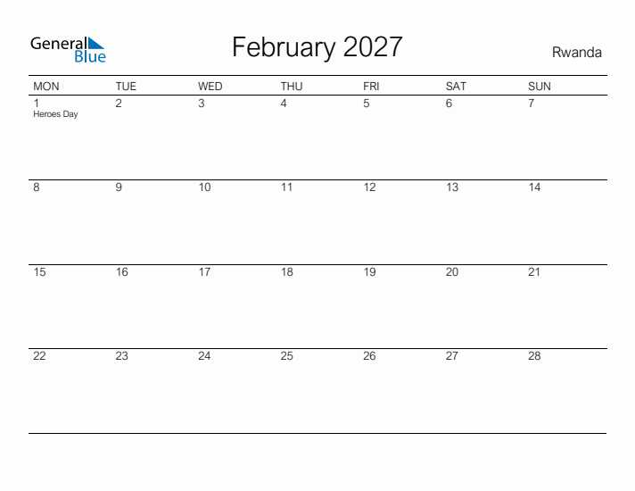 Printable February 2027 Calendar for Rwanda