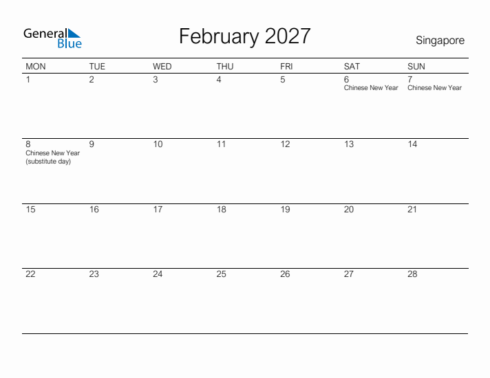 Printable February 2027 Calendar for Singapore