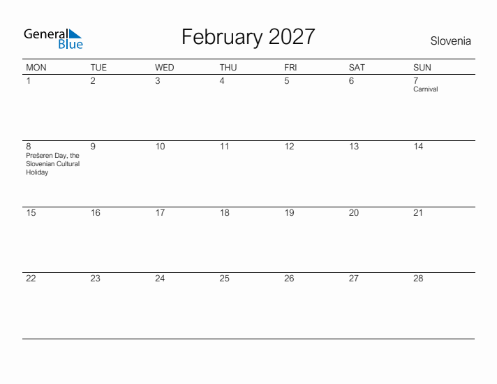 Printable February 2027 Calendar for Slovenia
