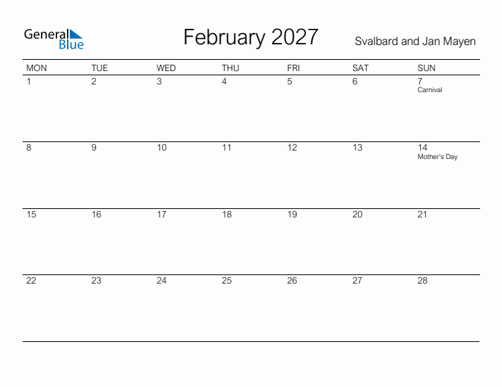 Printable February 2027 Calendar for Svalbard and Jan Mayen