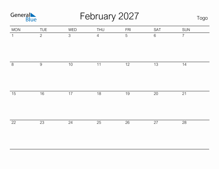 Printable February 2027 Calendar for Togo