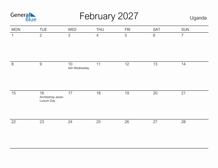Printable February 2027 Calendar for Uganda