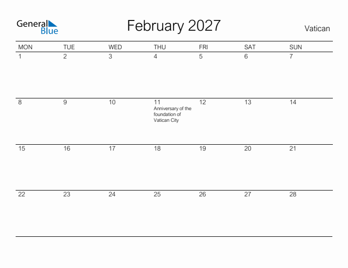 Printable February 2027 Calendar for Vatican