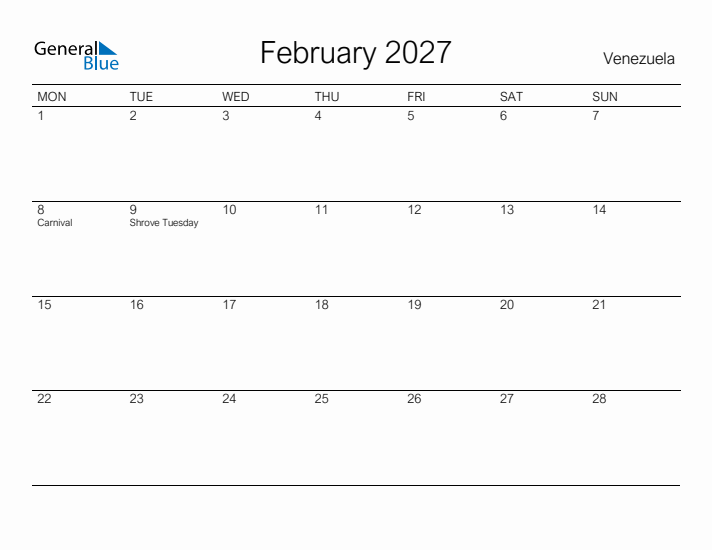 Printable February 2027 Calendar for Venezuela