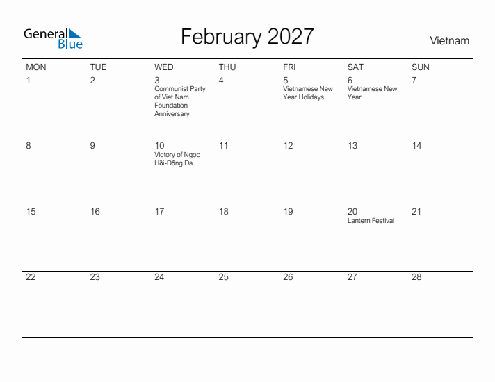 Printable February 2027 Calendar for Vietnam