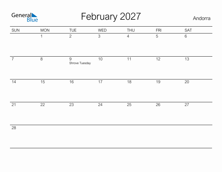 Printable February 2027 Calendar for Andorra