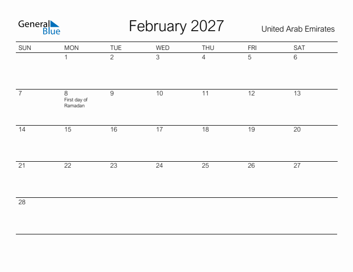 Printable February 2027 Calendar for United Arab Emirates