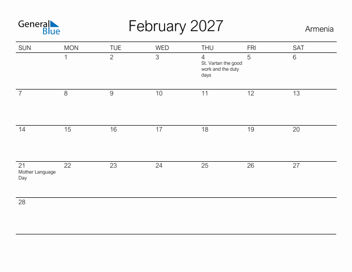 Printable February 2027 Calendar for Armenia