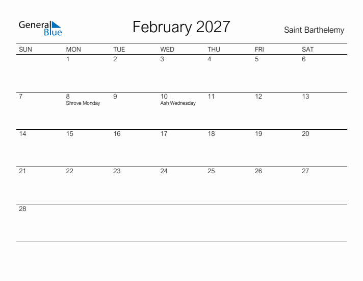 Printable February 2027 Calendar for Saint Barthelemy