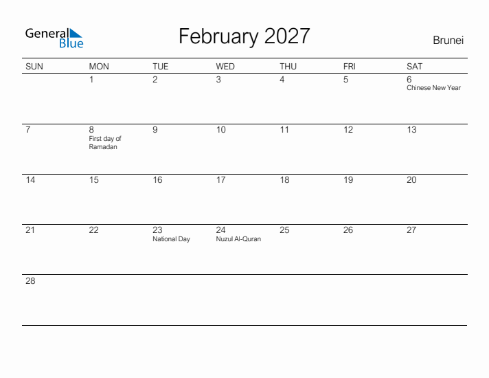 Printable February 2027 Calendar for Brunei