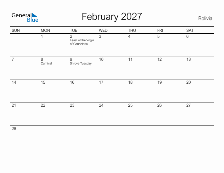 Printable February 2027 Calendar for Bolivia