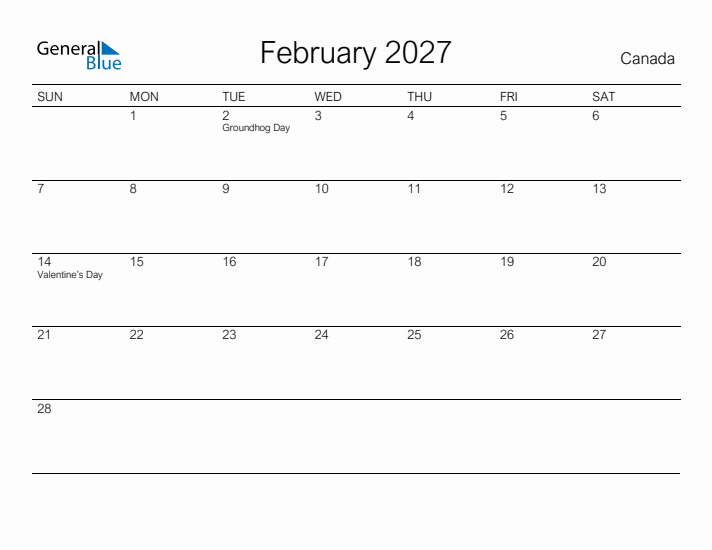 Printable February 2027 Calendar for Canada
