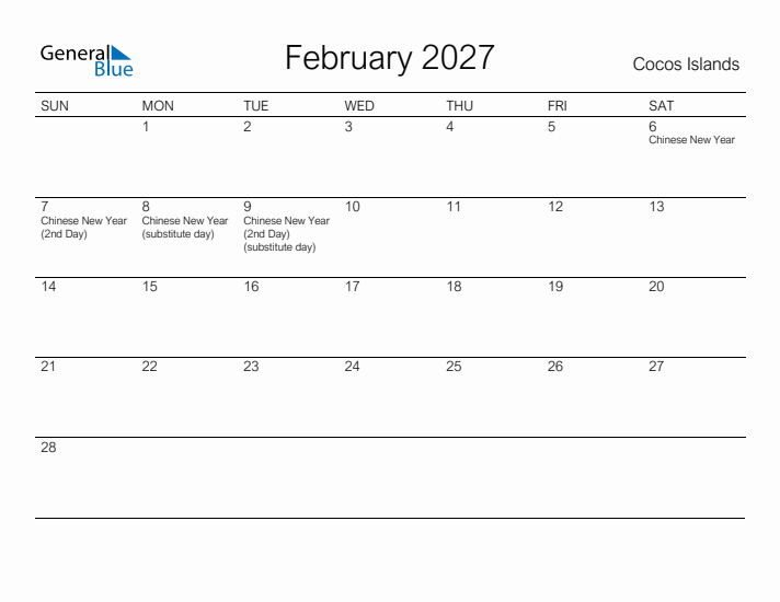 Printable February 2027 Calendar for Cocos Islands