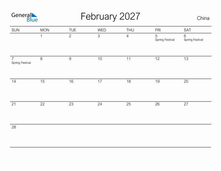 Printable February 2027 Calendar for China