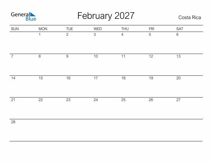 Printable February 2027 Calendar for Costa Rica