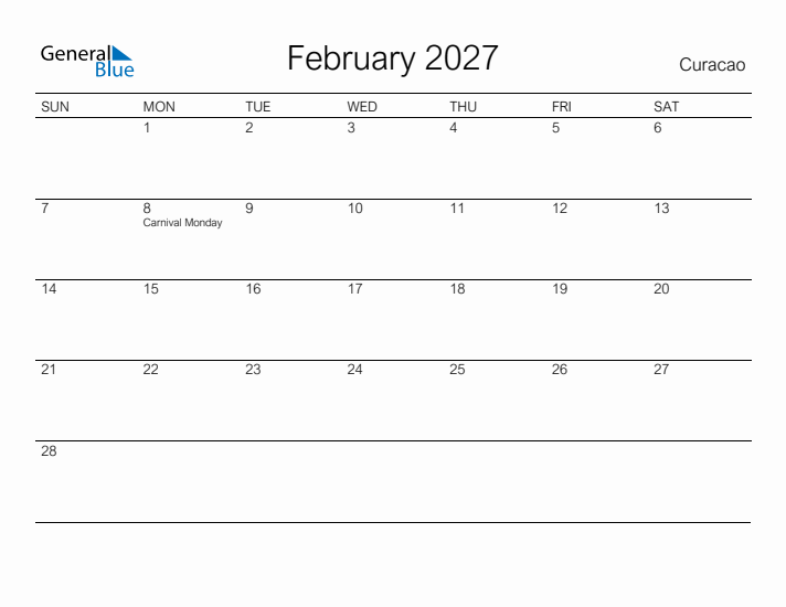Printable February 2027 Calendar for Curacao