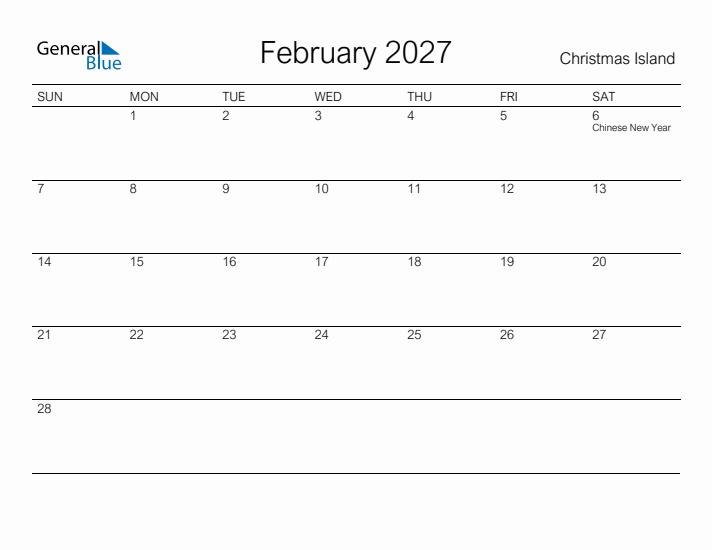 Printable February 2027 Calendar for Christmas Island