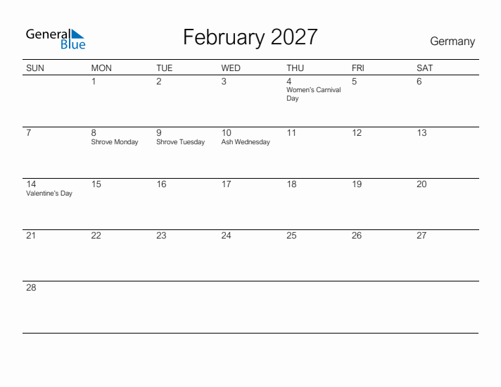 Printable February 2027 Calendar for Germany