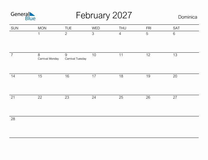 Printable February 2027 Calendar for Dominica