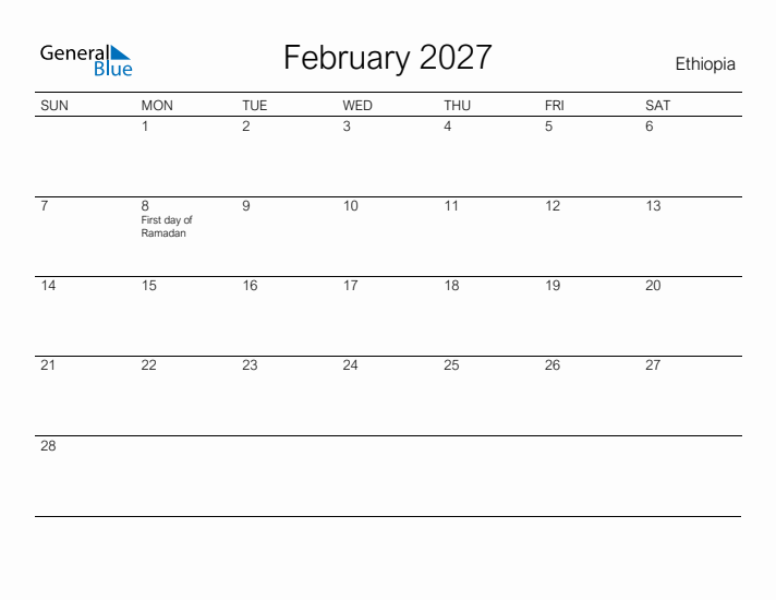Printable February 2027 Calendar for Ethiopia
