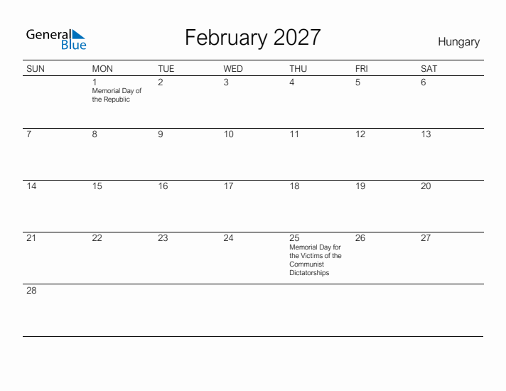 Printable February 2027 Calendar for Hungary