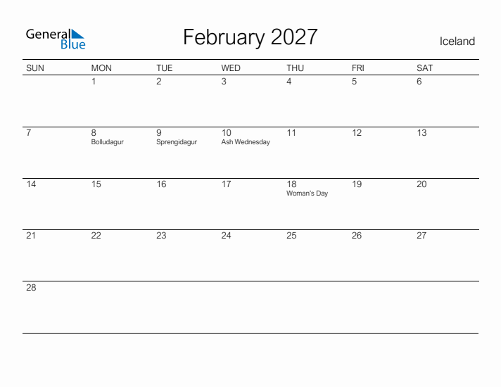Printable February 2027 Calendar for Iceland
