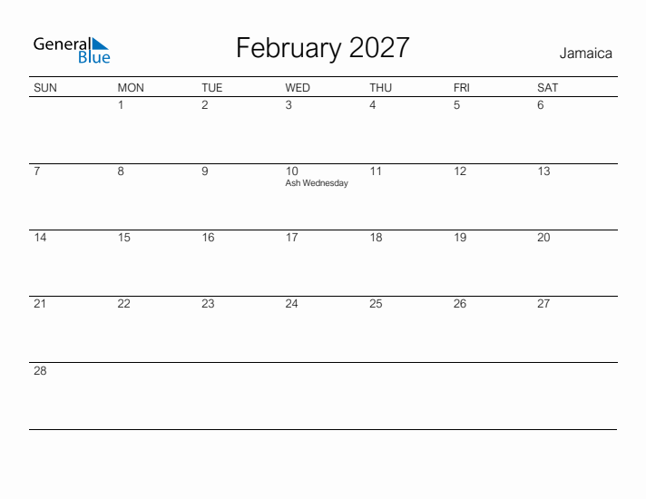 Printable February 2027 Calendar for Jamaica