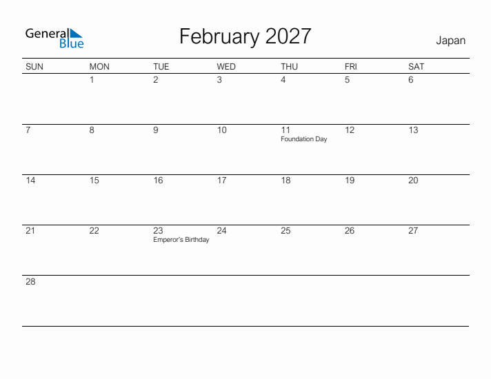 Printable February 2027 Calendar for Japan