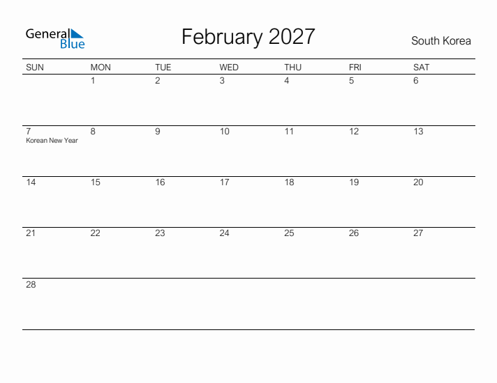 Printable February 2027 Calendar for South Korea