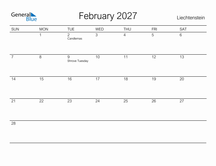Printable February 2027 Calendar for Liechtenstein