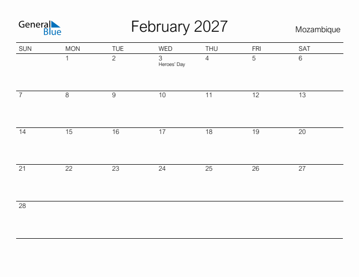 Printable February 2027 Calendar for Mozambique