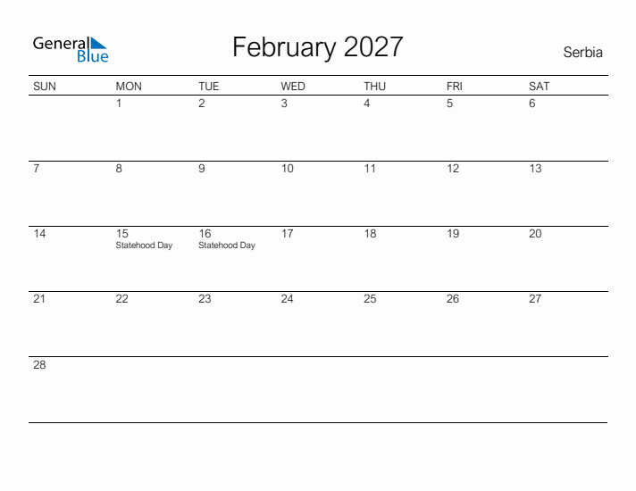 Printable February 2027 Calendar for Serbia