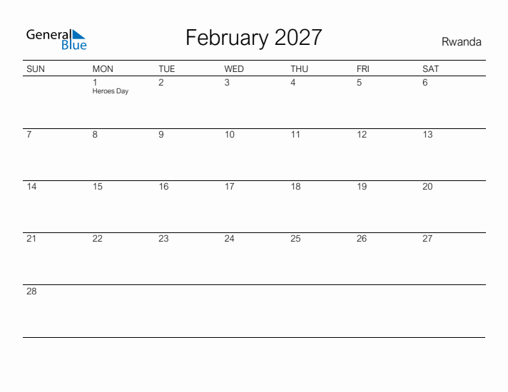 Printable February 2027 Calendar for Rwanda