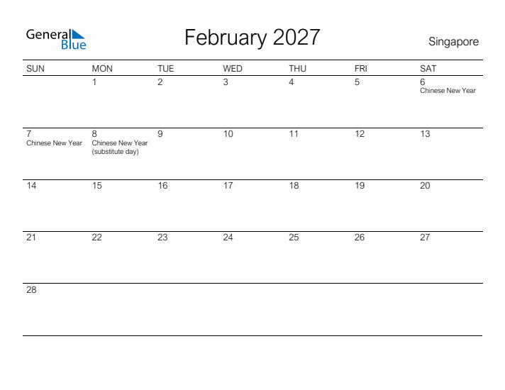 Printable February 2027 Calendar for Singapore