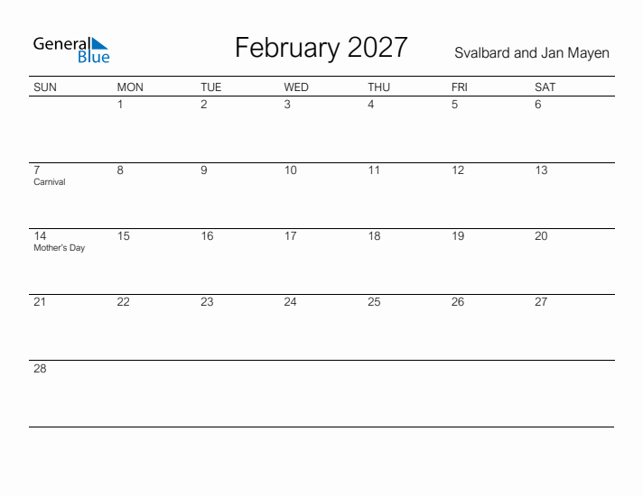 Printable February 2027 Calendar for Svalbard and Jan Mayen