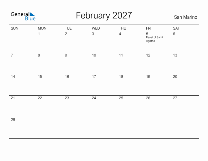 Printable February 2027 Calendar for San Marino