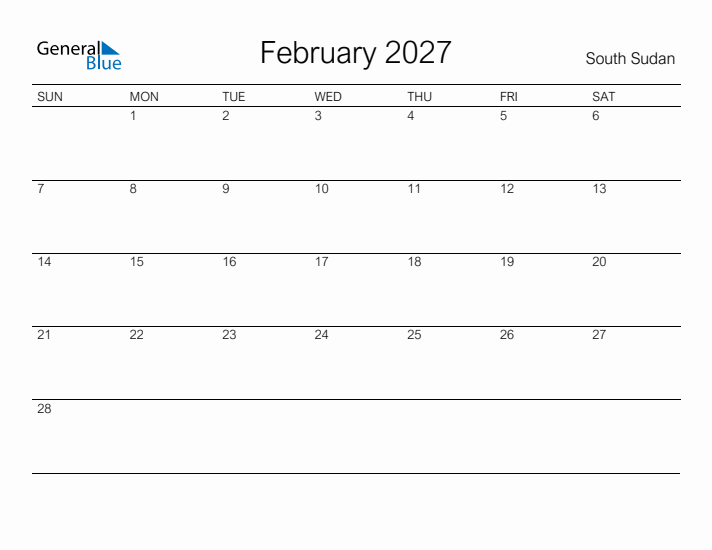 Printable February 2027 Calendar for South Sudan